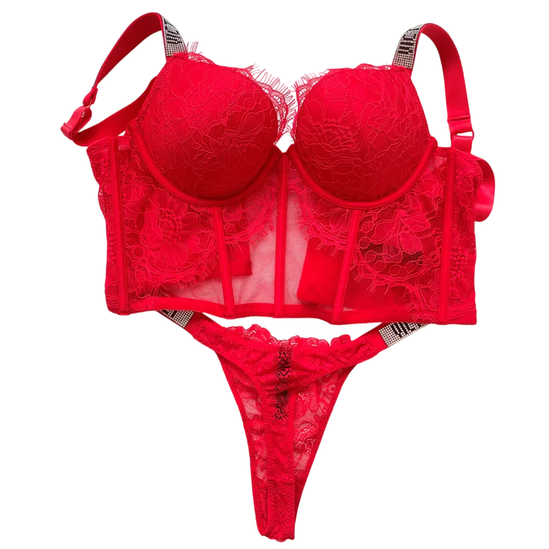 VICTORIAS SECRET SPARLE RED BUSTIER SET