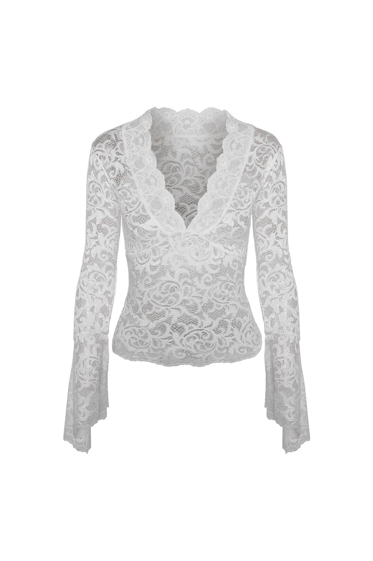 IAMGIA White Floral Lace V-Neck Blouse with Bell Sleeves