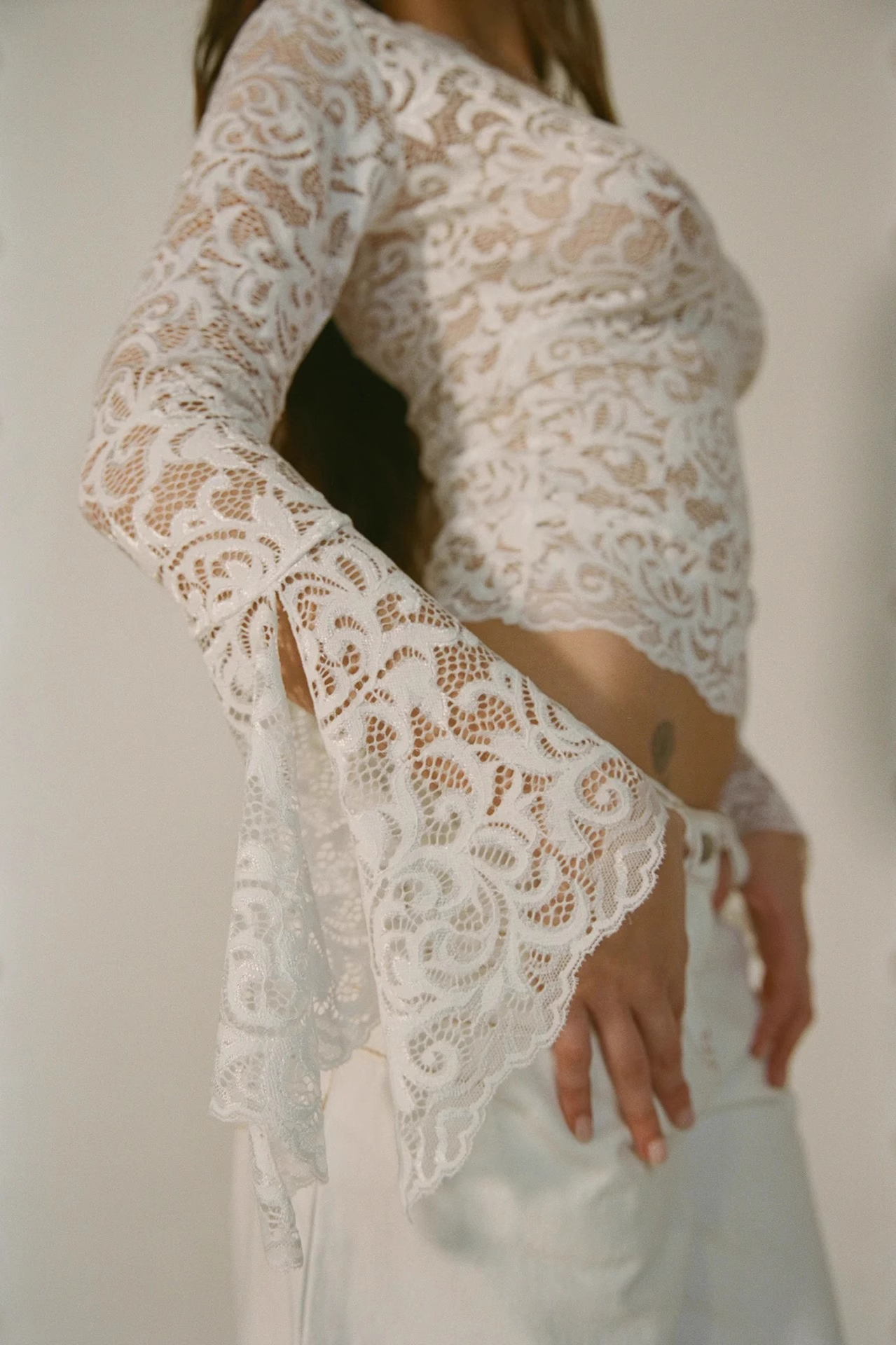 IAMGIA White Floral Lace V-Neck Blouse with Bell Sleeves