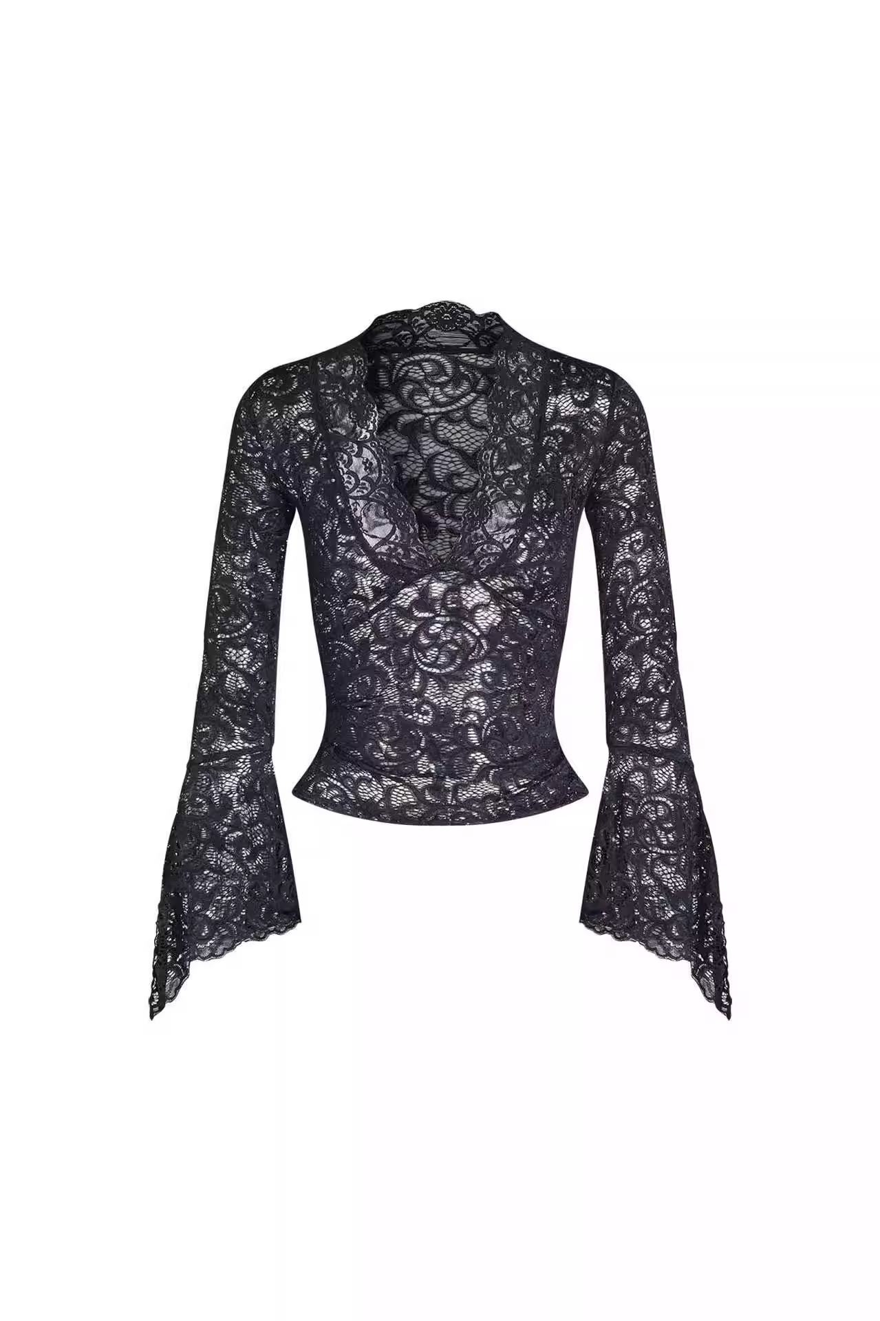 IAMGIA Black Floral Lace V-Neck Blouse with Bell Sleeves