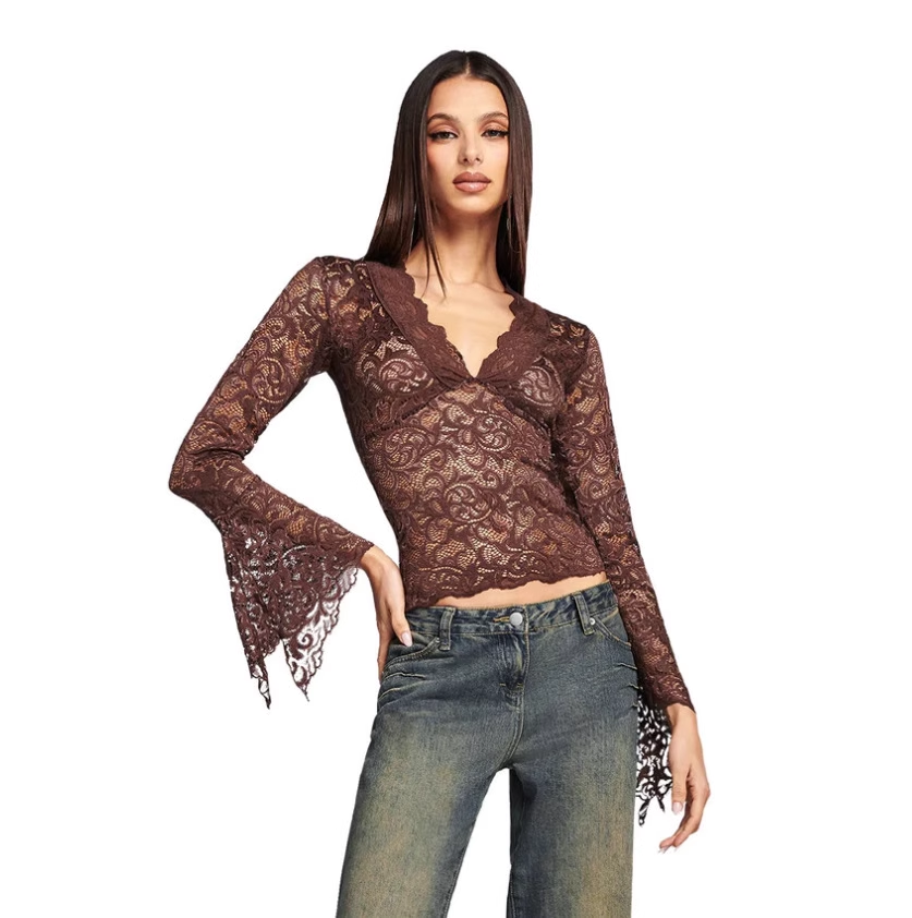 IAMGIA Brown Floral Lace V-Neck Blouse with Bell Sleeves