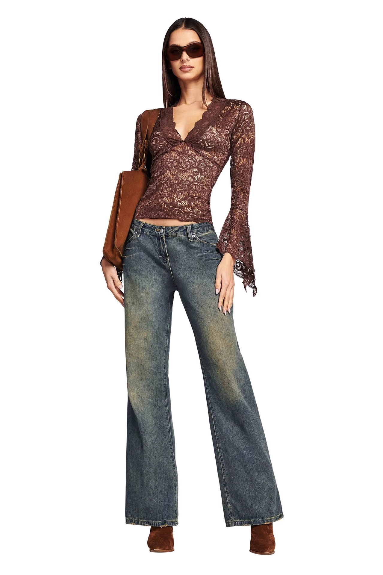 IAMGIA Brown Floral Lace V-Neck Blouse with Bell Sleeves