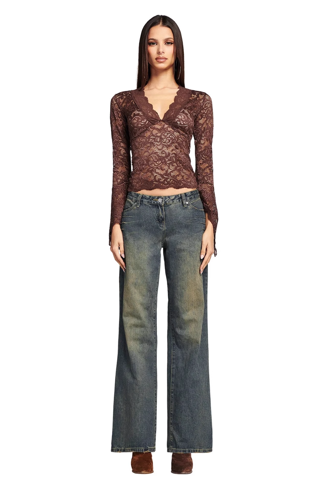 IAMGIA Brown Floral Lace V-Neck Blouse with Bell Sleeves