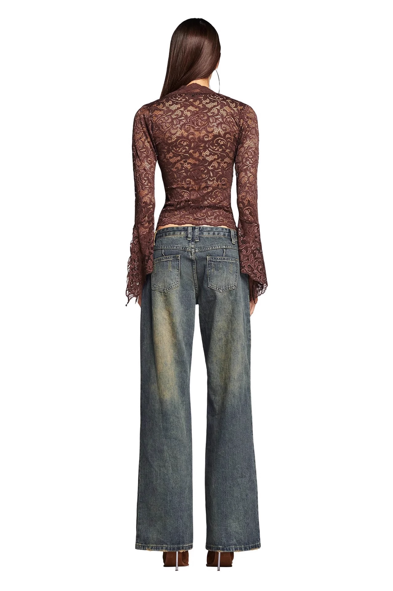 IAMGIA Brown Floral Lace V-Neck Blouse with Bell Sleeves