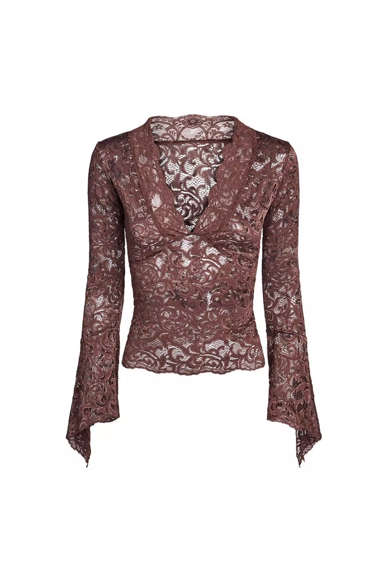 IAMGIA Brown Floral Lace V-Neck Blouse with Bell Sleeves