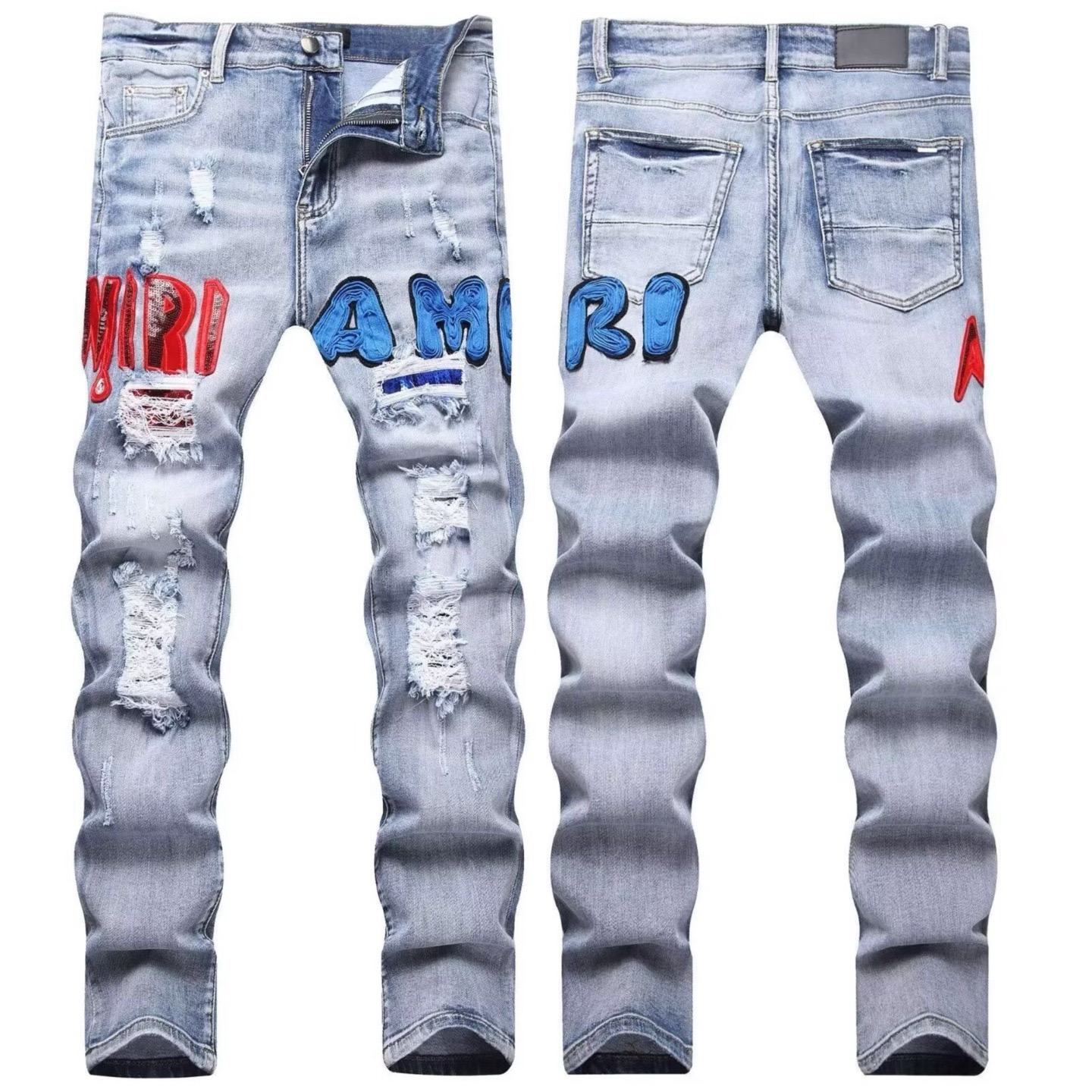 AMIRI BLUE RED RIPPED JEANS