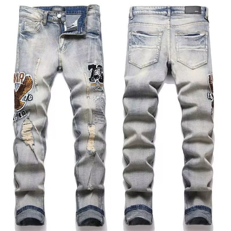 AMIRI GRAY EAGLE RIPPED JEANS