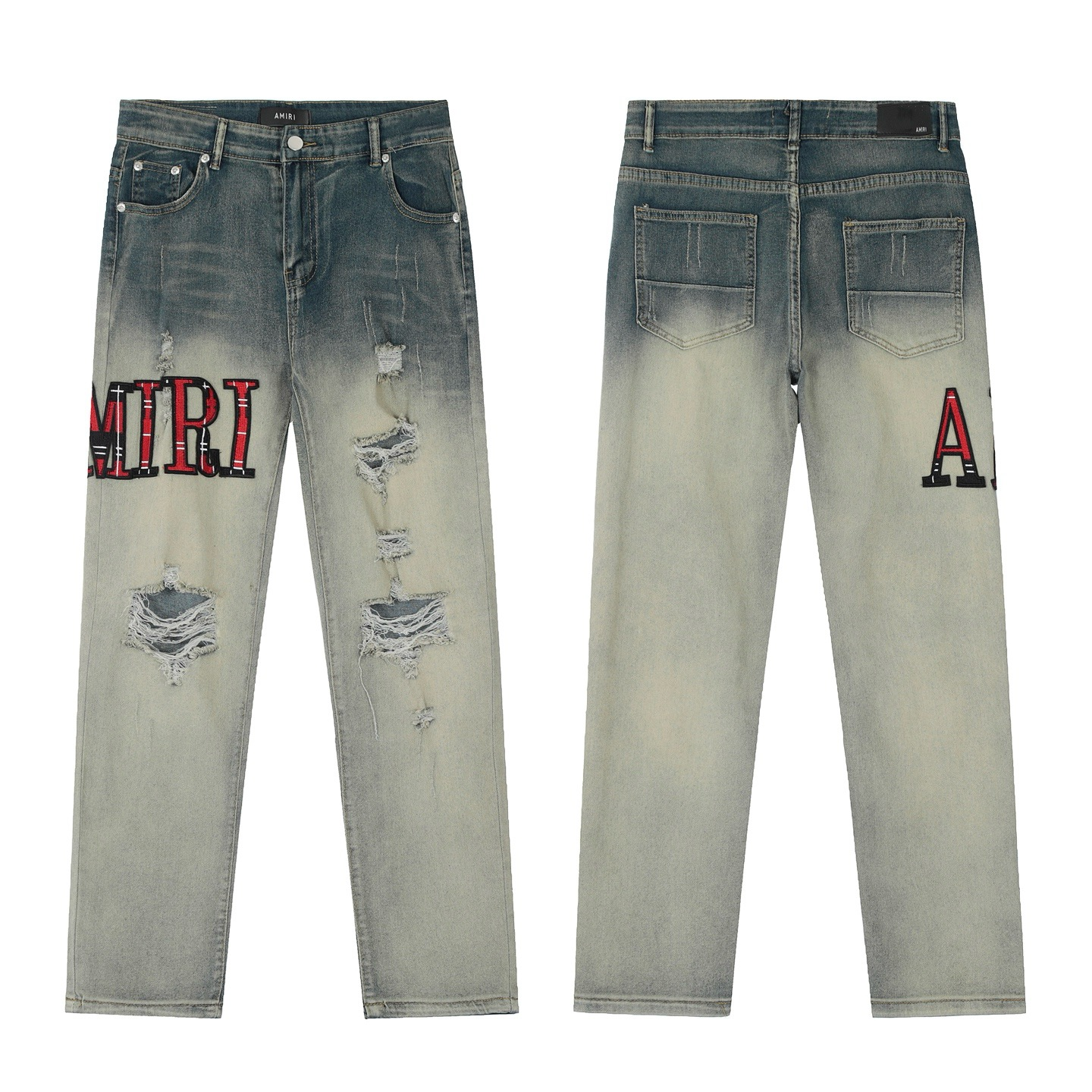 AMIRI WASHED GRAY CHECKERED RIPPED JEANS