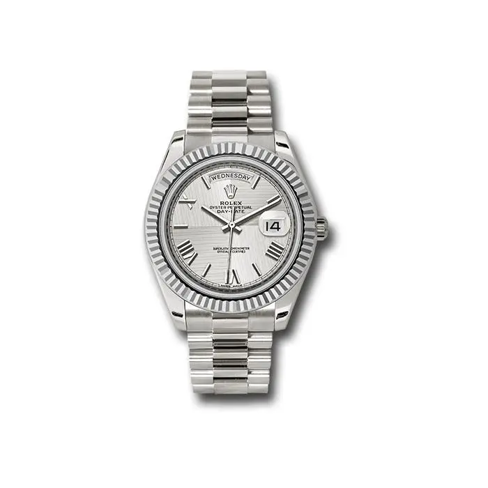 ROLEX DAY-DATE WHITE GOLD SILVER ROMAN NUMERAL DIAL FLUTED BEZEL