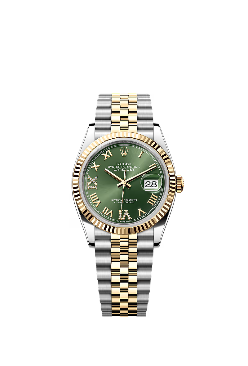 ROLEX DAY-DATE TWO-TONE GREEN ROMAN NUMERAL DIAL FLUTED BEZEL