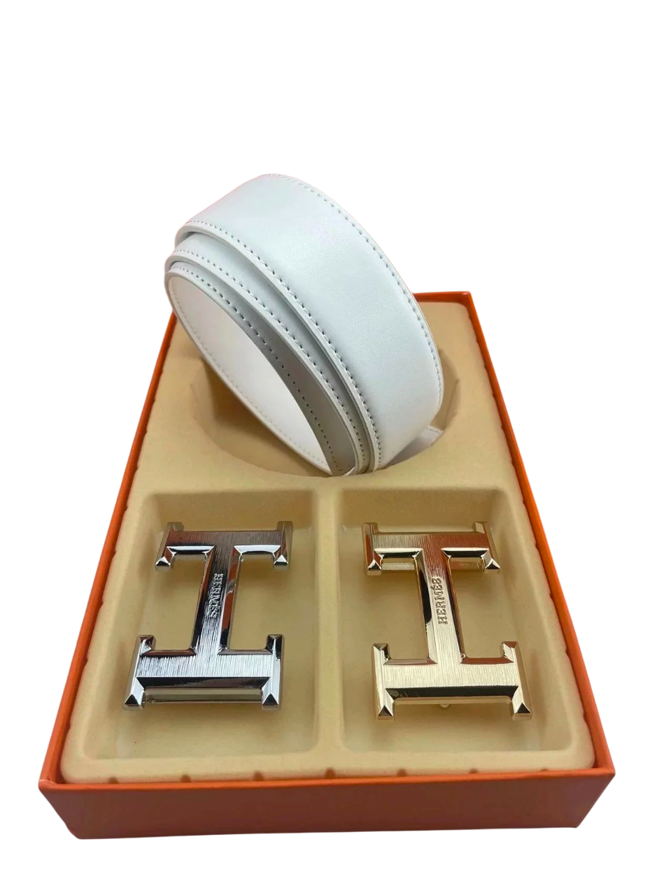 HERMES WHITE BELT WITH SILVER AND GOLD BUCKLE