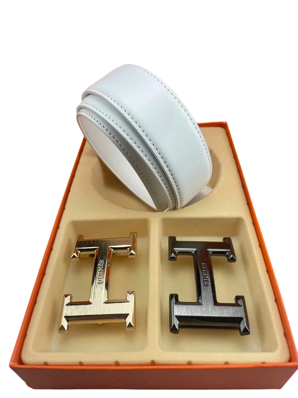 HERMES WHITE BELT WITH GOLD AND BLACK BUCKLE