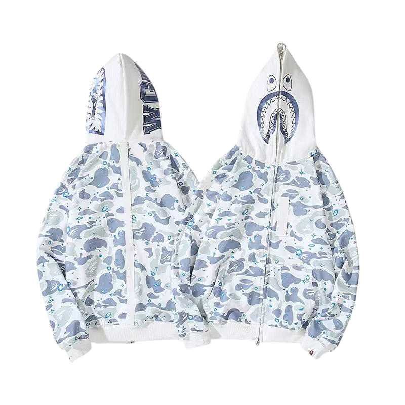 BAPE Space Camo Shark Full Zip Double Hoodie White Multi color