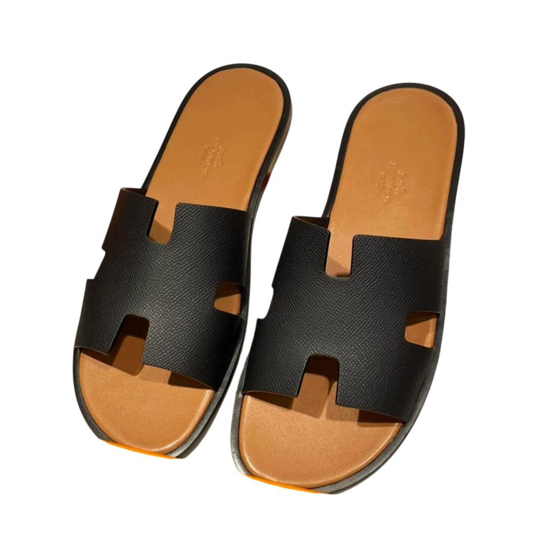 HERMES BLACK AND TAN SLIPPERS