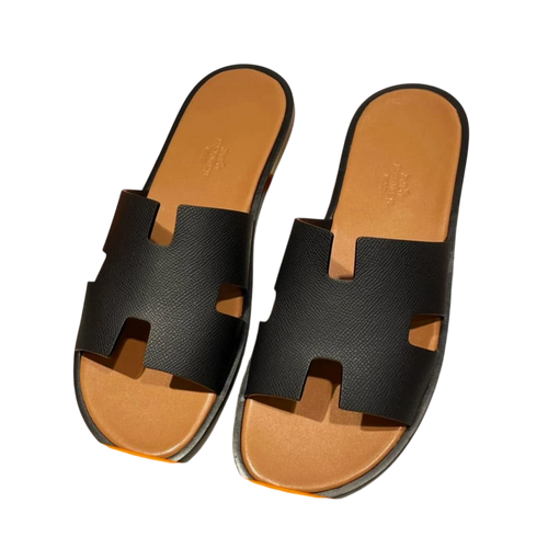 HERMES BLACK AND TAN SLIPPERS