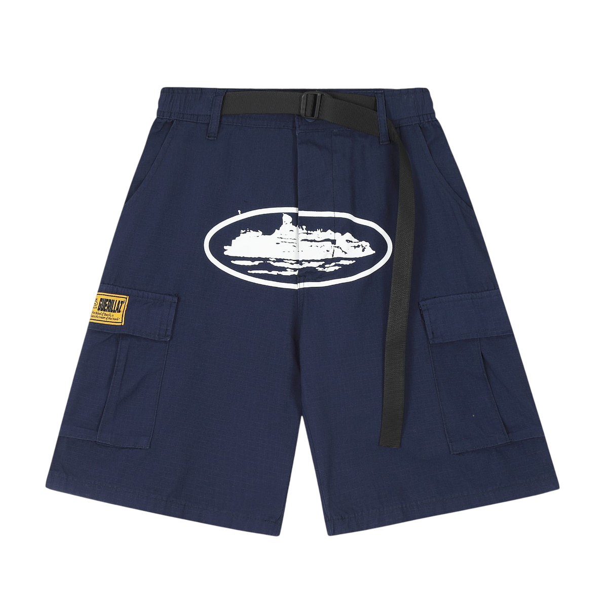 CORTEIZ NAVY CARGO SHORTS WHITE LOGO