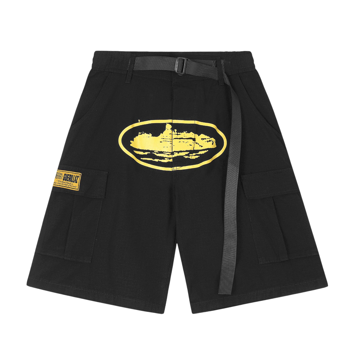 CORTEIZ BLACK CARGO SHORTS YELLOW LOGO