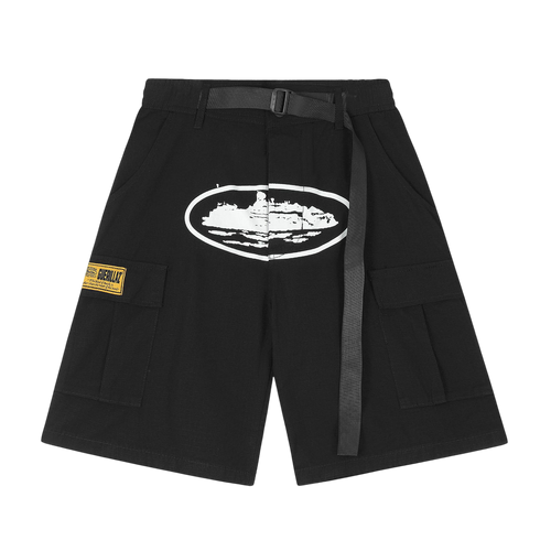 CORTEIZ BLACK CARGO SHORTS WHITE LOGO