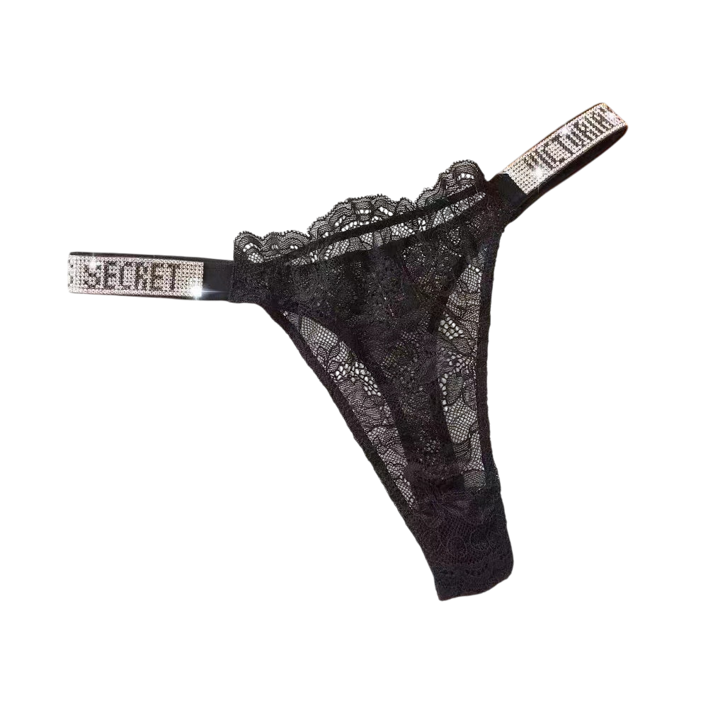 VICTORIAS SECRET LIGHT ROSE BLACK SPARKLE THONG