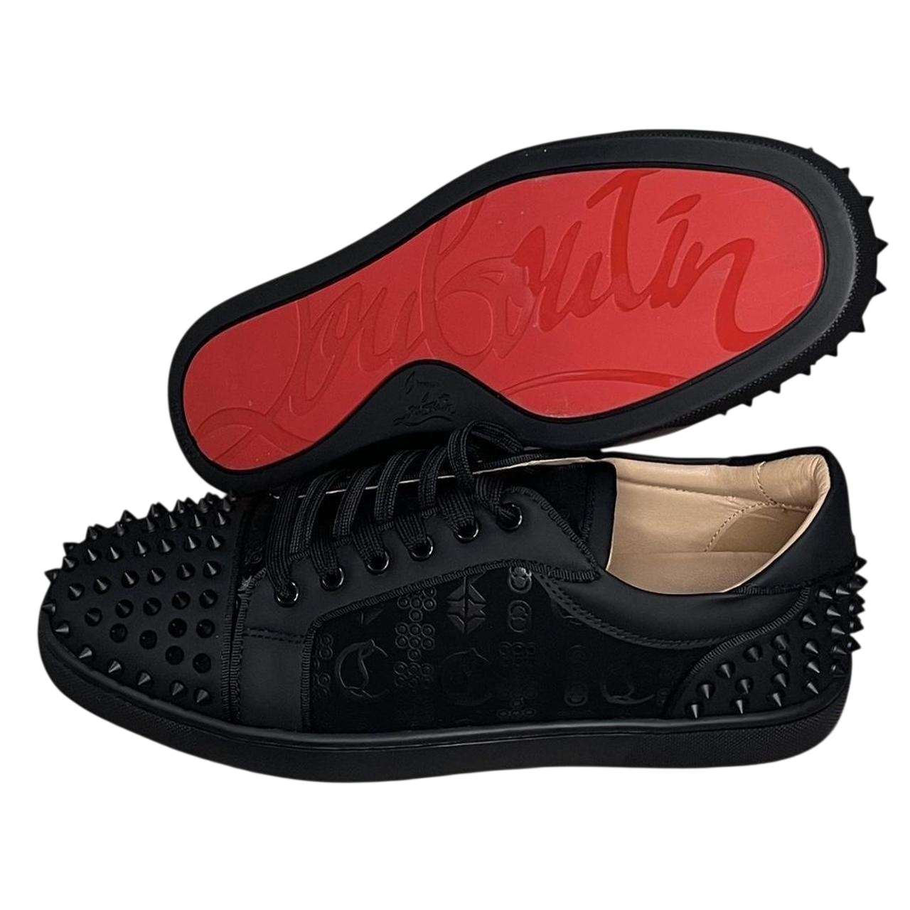 LOUBOUTIN BLACK TEXTURED SNEAKERS REDBOTTOMS SPIKED