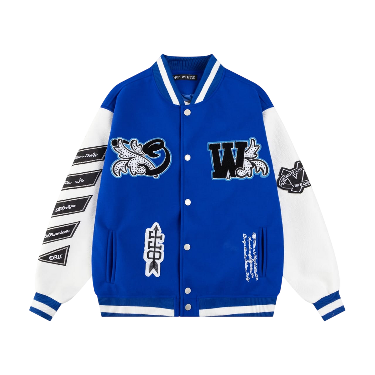 OFF-WHITE ROYAL LOGO-APPLIQUÉ VARSITY JACKETS