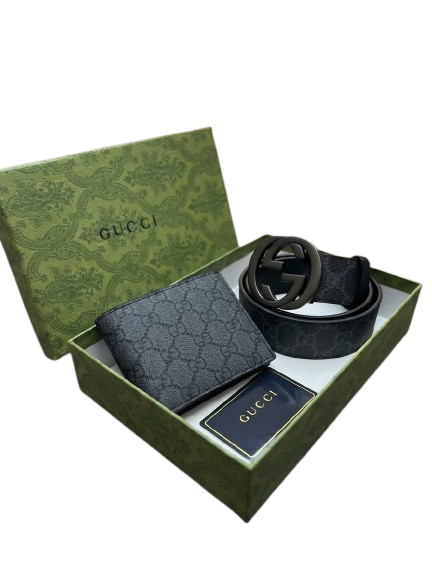 GUCCI BLACK LEATHER BELT X WALLET BUNDLE