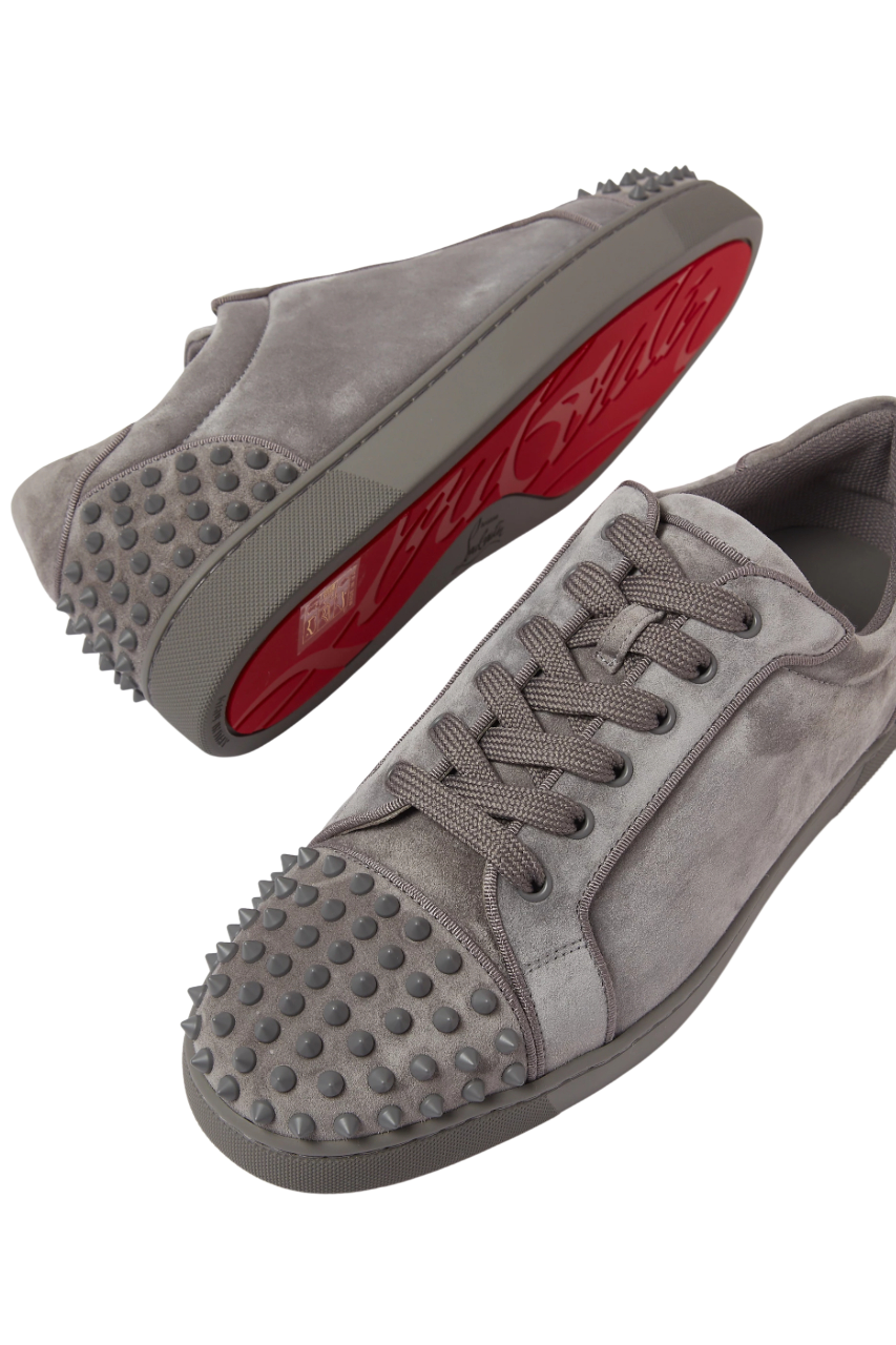 LOUBOUTIN GRAY SUEDE SPIKED EMBROIDERED SNEAKERS REDBOTTOMS