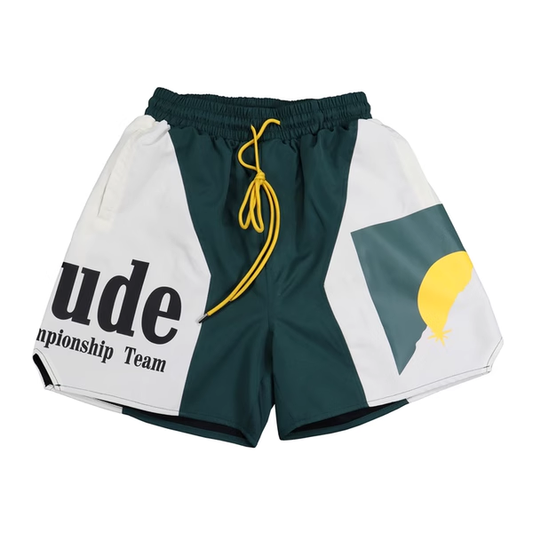 RHUDE GREEN PANEL LOGO SHORTS