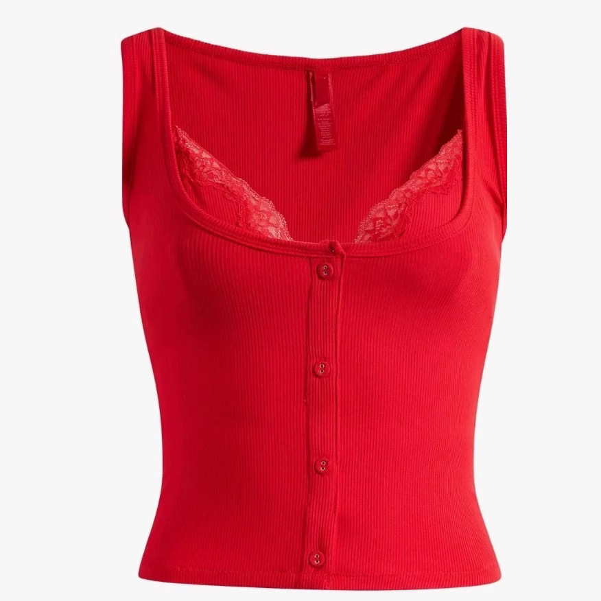 SKIMS LACE PANELLED VEST TOP RED