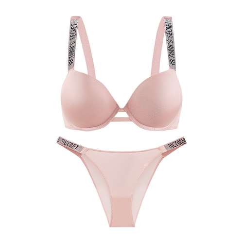 VICTORIAS SECRET SPARKLE PUSHUP BRA AND UNDERWEAR SET PINK