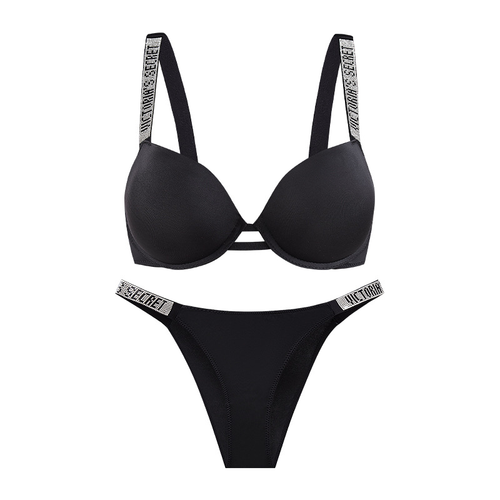 VICTORIAS SECRET SPARKLE PUSHUP BRA AND UNDERWEAR SET BLACK