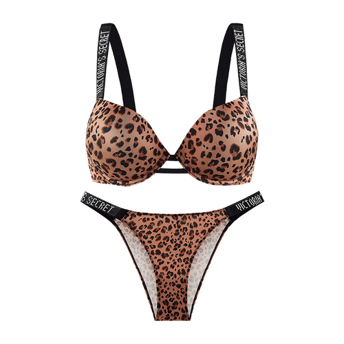 VICTORIAS SECRET SPARKLE PUSHUP BRA AND UNDERWEAR SET LEOPARD
