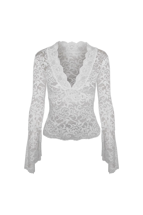 IAMGIA White Floral Lace V-Neck Blouse with Bell Sleeves
