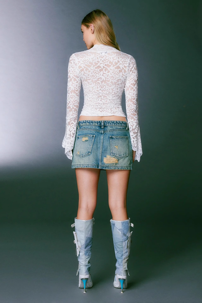 IAMGIA White Floral Lace V-Neck Blouse with Bell Sleeves