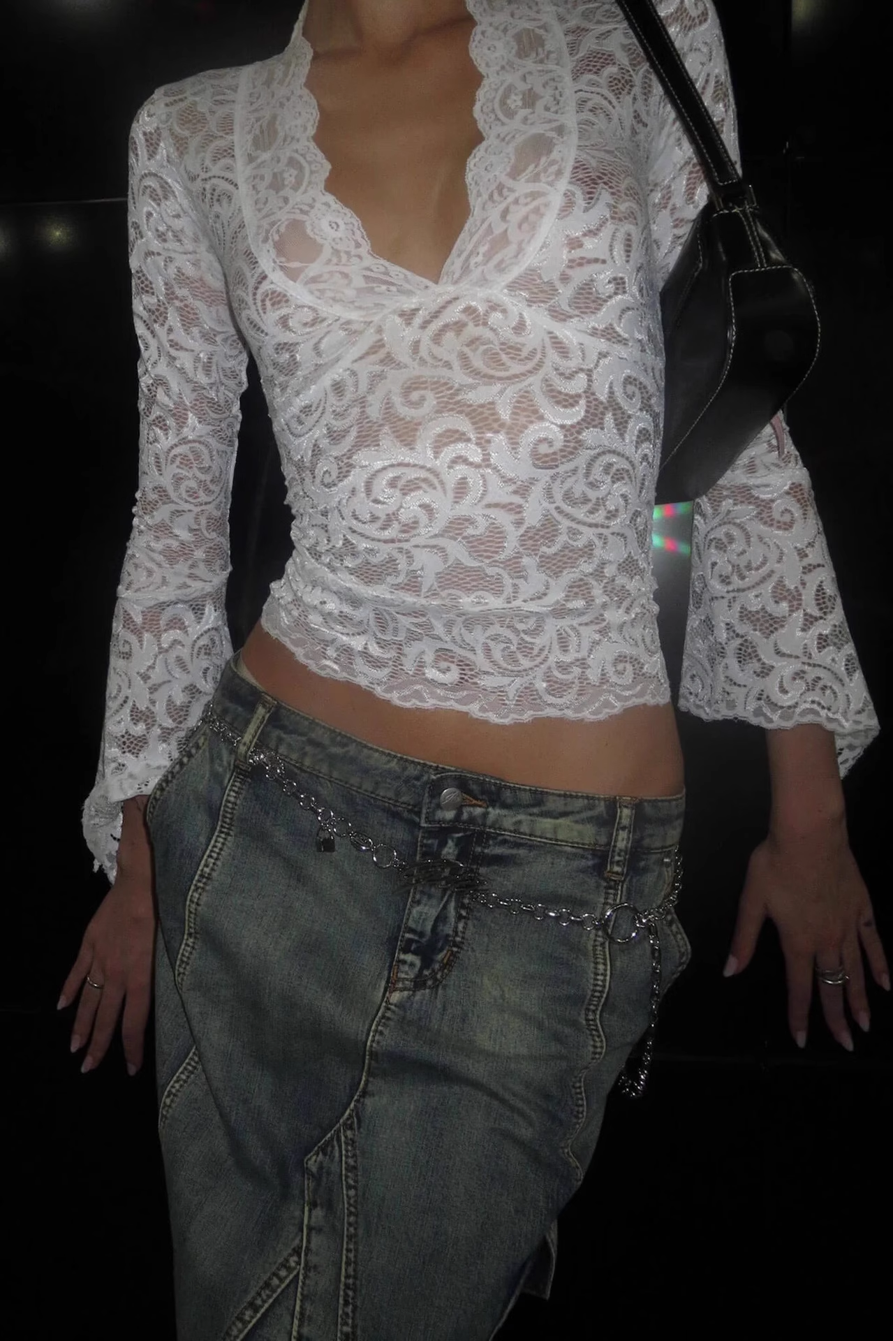 IAMGIA White Floral Lace V-Neck Blouse with Bell Sleeves