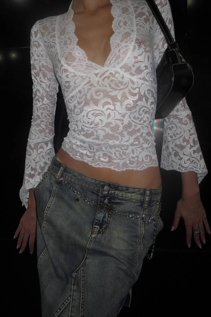 IAMGIA White Floral Lace V-Neck Blouse with Bell Sleeves