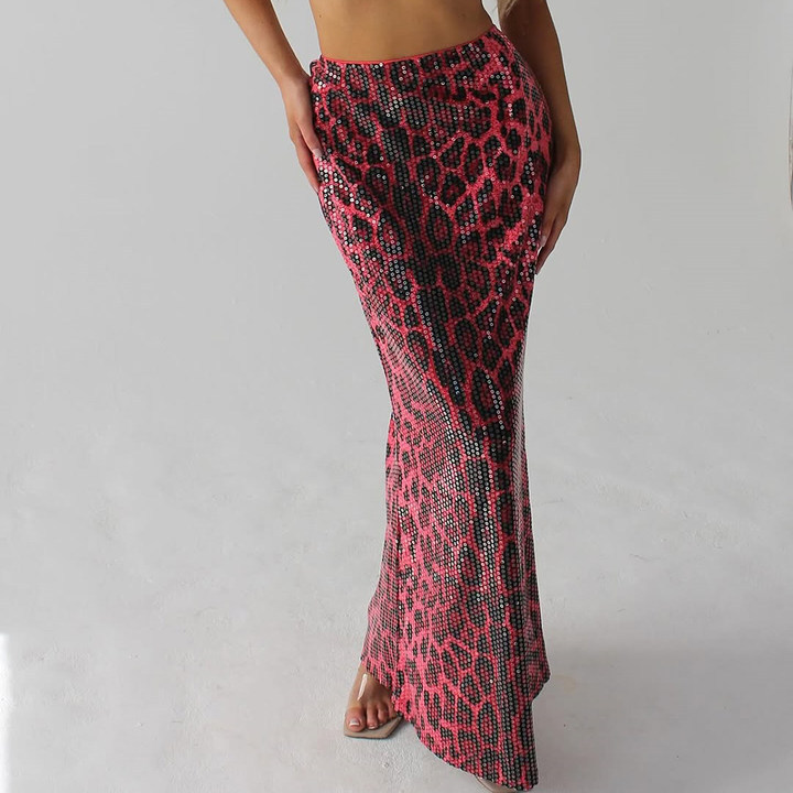 RED LEOPARD PRINT SEQUINS SKIRT