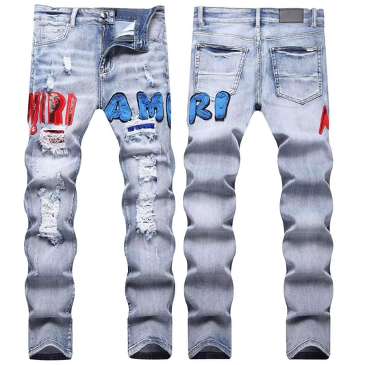 AMIRI BLUE RED RIPPED JEANS