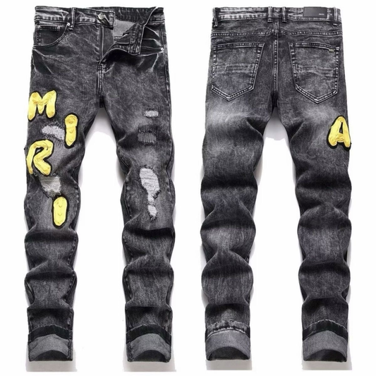 AMIRI BLACK WASHED YELLOW LOGO JEANS