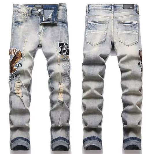 AMIRI GRAY EAGLE RIPPED JEANS