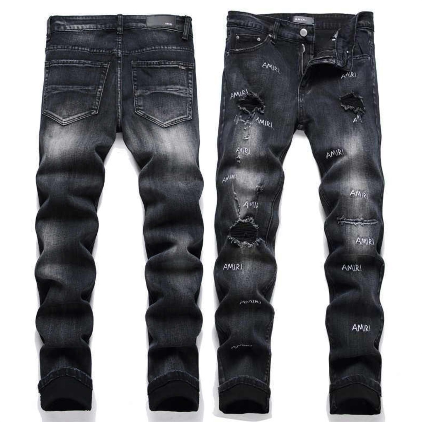 AMIRI BLACK LOGO RIPPED JEANS