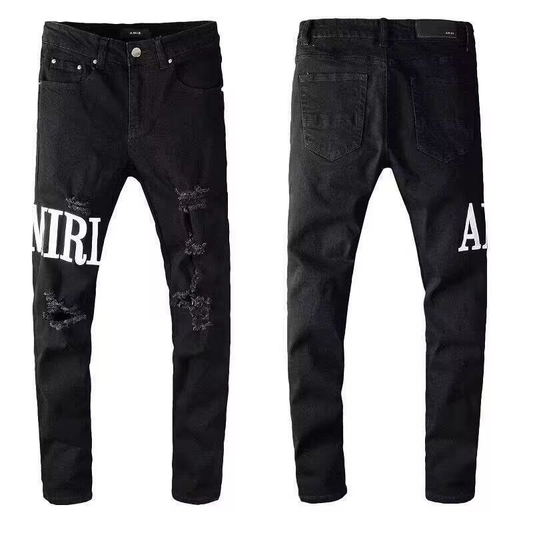 AMIRI BLACK WHITE LOGO RIPPED JEANS