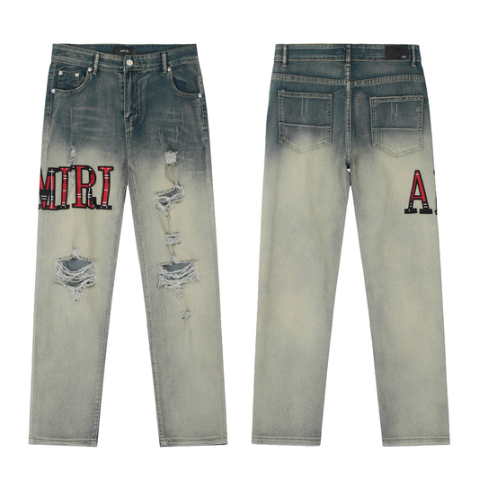 AMIRI WASHED GRAY CHECKERED RIPPED JEANS