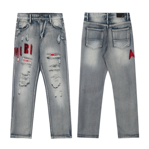AMIRI GRAY RED LOGO DRIPPED JEANS