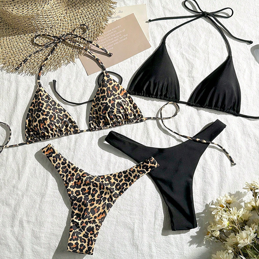 PANTHER PRINT + BLACK BIKINI SET