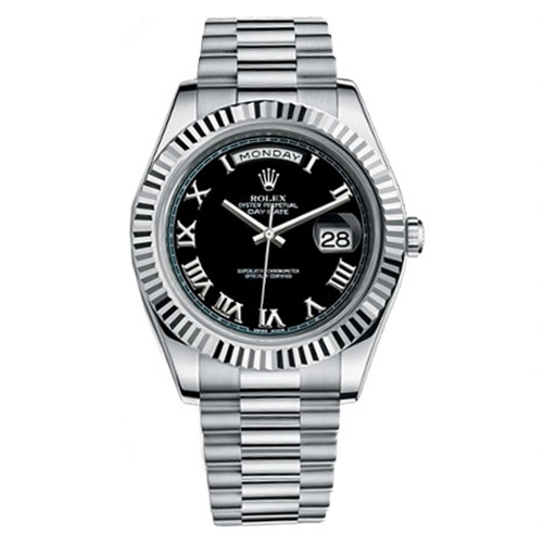 ROLEX DAY-DATE BLACK ROMAN NUMERAL DIAL FLUTED BEZEL