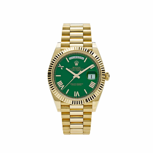 ROLEX DAY-DATE YELLOW GOLD GREEN ROMAN NUMERAL DIAL FLUTED BEZEL