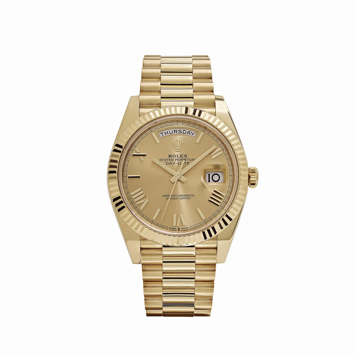 ROLEX DAY-DATE YELLOW GOLD CHAMPAGNE ROMAN NUMERAL DIAL FLUTED BEZEL