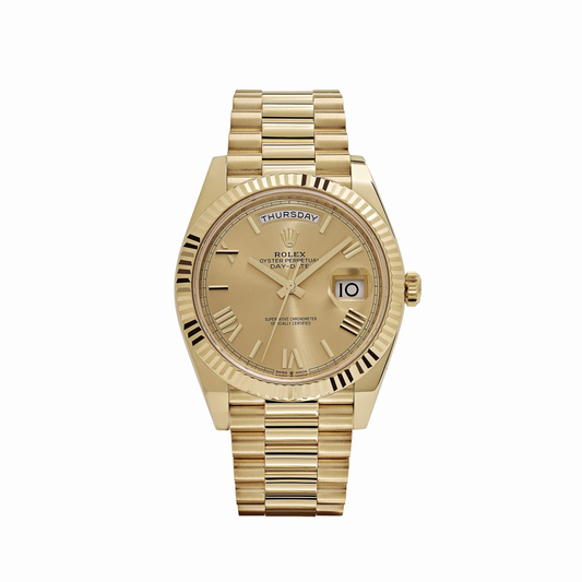 ROLEX DAY-DATE YELLOW GOLD CHAMPAGNE ROMAN NUMERAL DIAL FLUTED BEZEL
