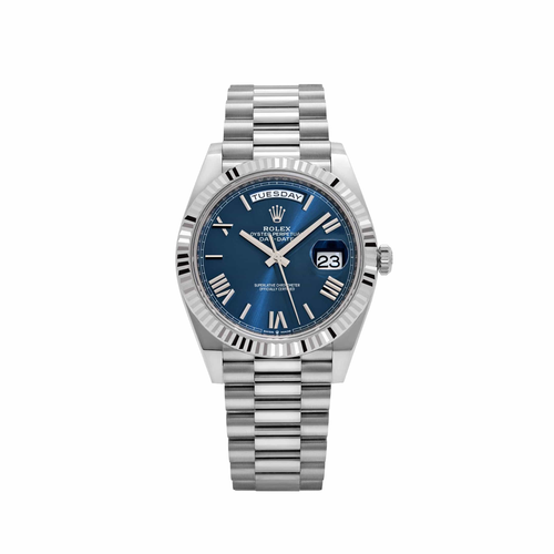 ROLEX DAY-DATE WHITE GOLD BLUE ROMAN NUMERAL DIAL FLUTED BEZEL